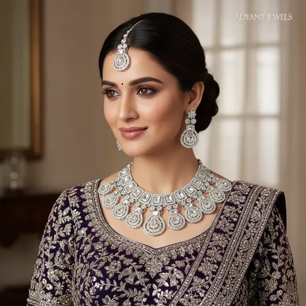Adyant_Jewels_Heavy_Silver-Toned_Royal_Choker_Set_–_Bold_Geometric_Crystal_Necklace_with_Statement_Earrings_&_Maang_Tikka_–_Glamorous_Party_Wear