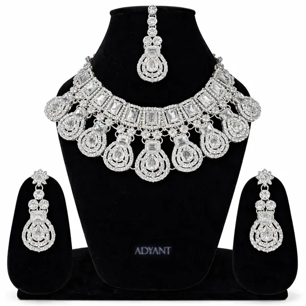 Adyant_Jewels_Heavy_Silver-Toned_Royal_Choker_Set_–_Bold_Geometric_Crystal_Necklace_with_Statement_Earrings_&_Maang_Tikka_–_Glamorous_Party_Wear