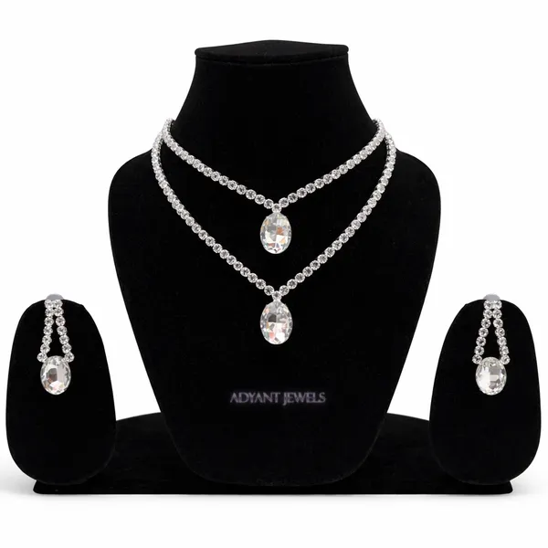 Adyant_Jewels_Silver-Plated_2-Layer_White_Crystal_Necklace_Set_with_Drop_Earrings