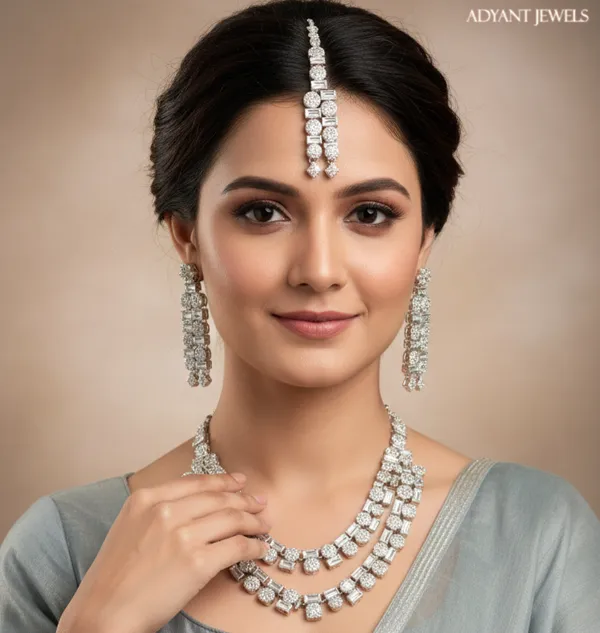 Adyant_Jewels_Silver-Plated_Triple_Layer_Long_Necklace_Set_with_Geometric_Drop_Earrings_&_Maang_Tikka_|_Contemporary_American_Diamond_Look_Jewelry_Set_for_Parties_&_Weddings