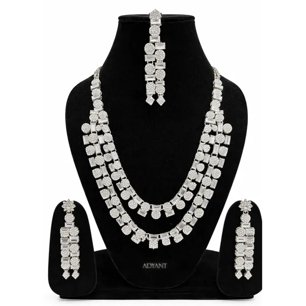 Adyant_Jewels_Silver-Plated_Triple_Layer_Long_Necklace_Set_with_Geometric_Drop_Earrings_&_Maang_Tikka_|_Contemporary_American_Diamond_Look_Jewelry_Set_for_Parties_&_Weddings