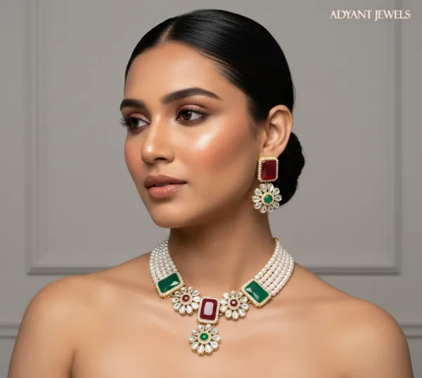 Adyant_Jewels_Traditional_Multi-Strand_Pearl_Necklace_Set_Gold-Plated_Choker_with_Ruby_&_Emerald_Green_Accents_Ethnic_Party_Wear_Jewelry_for_Women