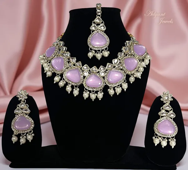 Adyant_Jewels_Gold-Plated_Lavender_Purple_Stone_Choker_Necklace_Set_with_Matching_Drop_Earrings_&_Maang_Tikka_|_Traditional_Kundan_&_Pearl_Jewellery_for_Women_|_Wedding_&_Festive_Collection