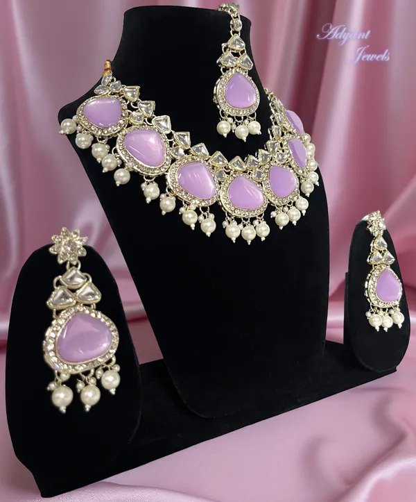 Adyant_Jewels_Gold-Plated_Lavender_Purple_Stone_Choker_Necklace_Set_with_Matching_Drop_Earrings_&_Maang_Tikka_|_Traditional_Kundan_&_Pearl_Jewellery_for_Women_|_Wedding_&_Festive_Collection