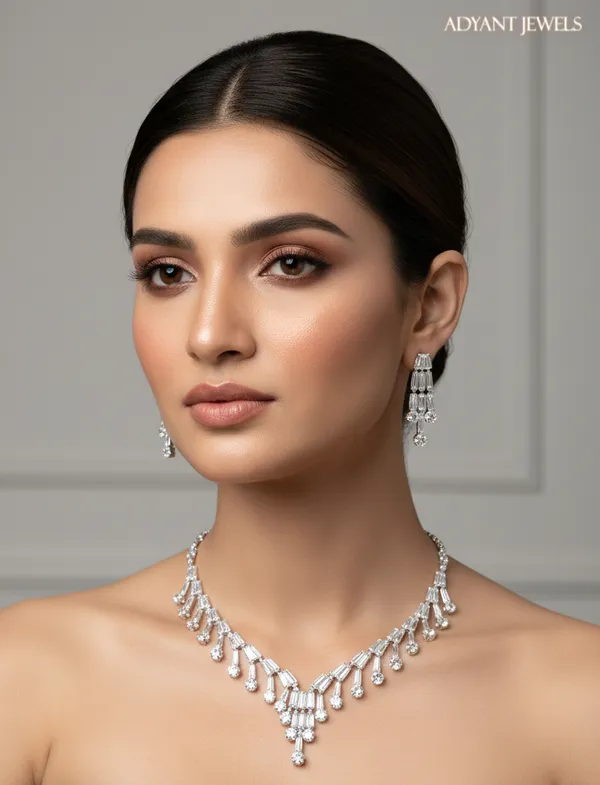 Adyant_Jewels_Silver-Toned_Tapered_Baguette_Crystal_Necklace_Set_–_Elegant_Fringe_Choker_with_Matching_Drop_Earrings_–_Premium_Party_Wear_Jewelry