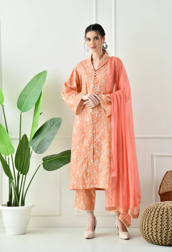 Orange_Floral_Cotton_Premium_Suit_Set_For_Women