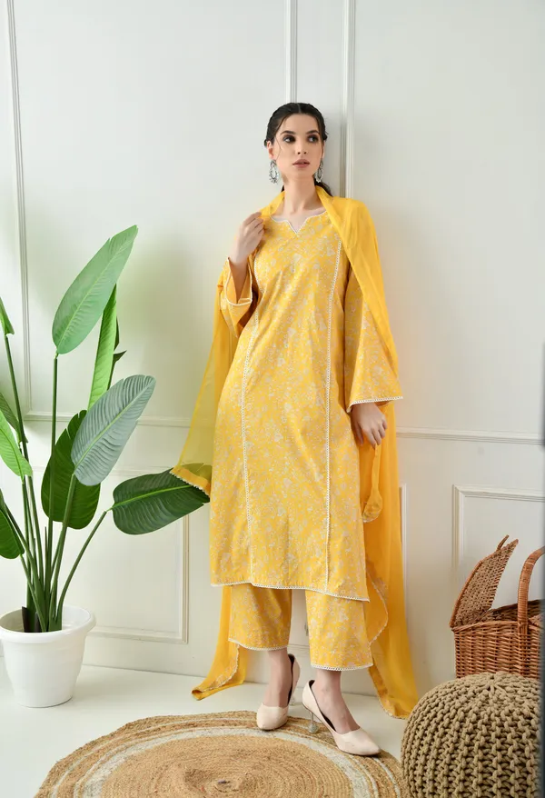 Yellow_Floral_Cotton_Premium_Suit_Set_For_Women