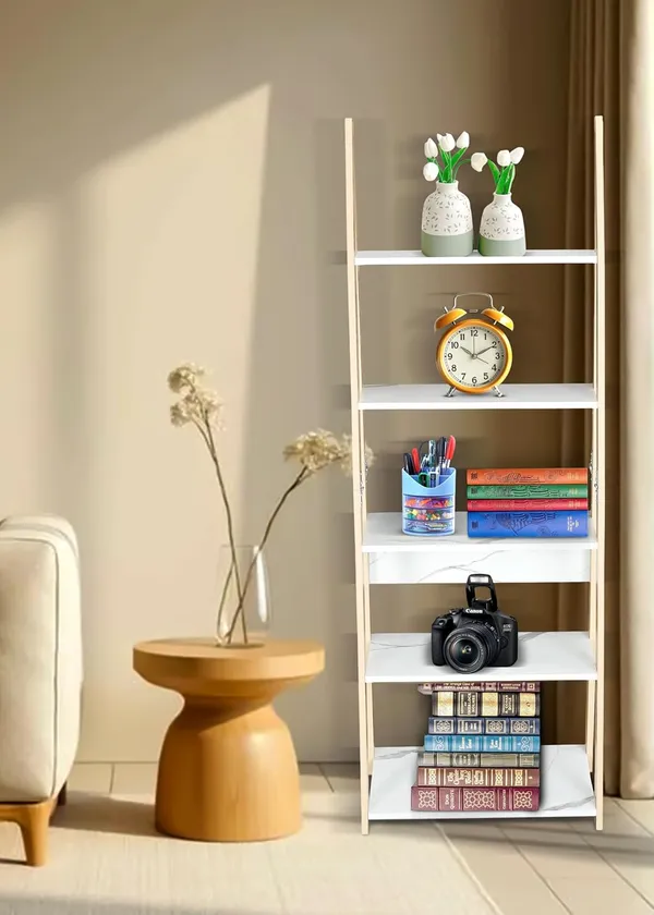 Plank_Reno_Engineered_Wood_Ladder_Book_Shelf_And_Display_Unit_(Yellow_Choch_Wood_And_White_Taj_Marble)_Diy(Do-It-Yourself)