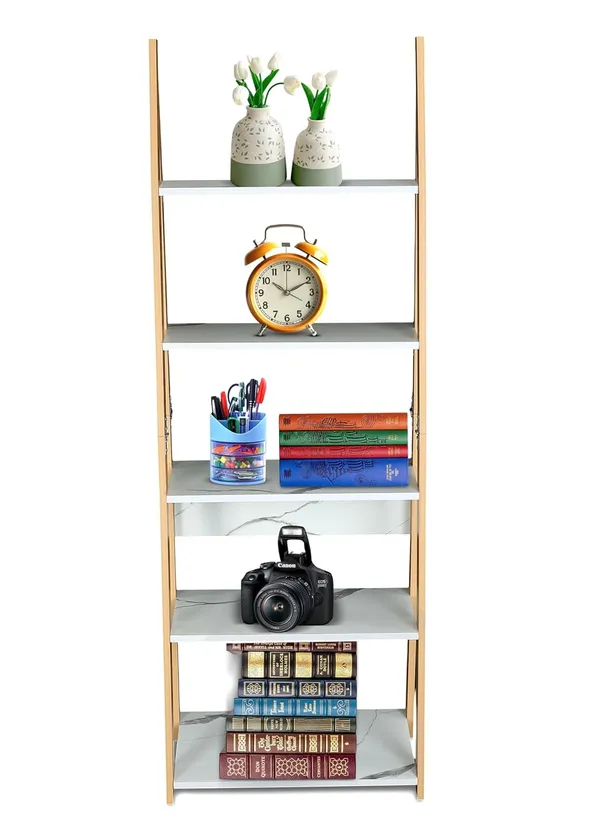 Plank_Reno_Engineered_Wood_Ladder_Book_Shelf_And_Display_Unit_(Yellow_Choch_Wood_And_White_Taj_Marble)_Diy(Do-It-Yourself)