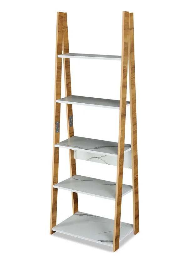 Plank_Reno_Engineered_Wood_Ladder_Book_Shelf_And_Display_Unit_(Yellow_Choch_Wood_And_White_Taj_Marble)_Diy(Do-It-Yourself)