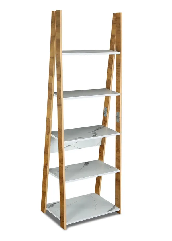 Plank_Reno_Engineered_Wood_Ladder_Book_Shelf_And_Display_Unit_(Yellow_Choch_Wood_And_White_Taj_Marble)_Diy(Do-It-Yourself)