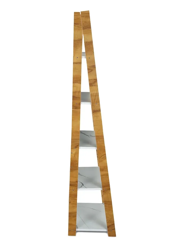 Plank_Reno_Engineered_Wood_Ladder_Book_Shelf_And_Display_Unit_(Yellow_Choch_Wood_And_White_Taj_Marble)_Diy(Do-It-Yourself)