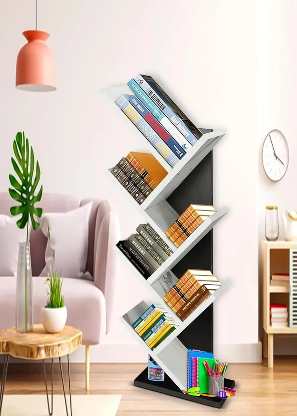 Tree_Bookshelf_Floor_Standing_Bookcase_Free_Standing_Multipurpose_Storage_Rack_For_Books_Magazines_Organizer_Showcase_Diy_(Do-It-Yourself)(7_Tier_-_Bk&Wh,_7_Tier)
