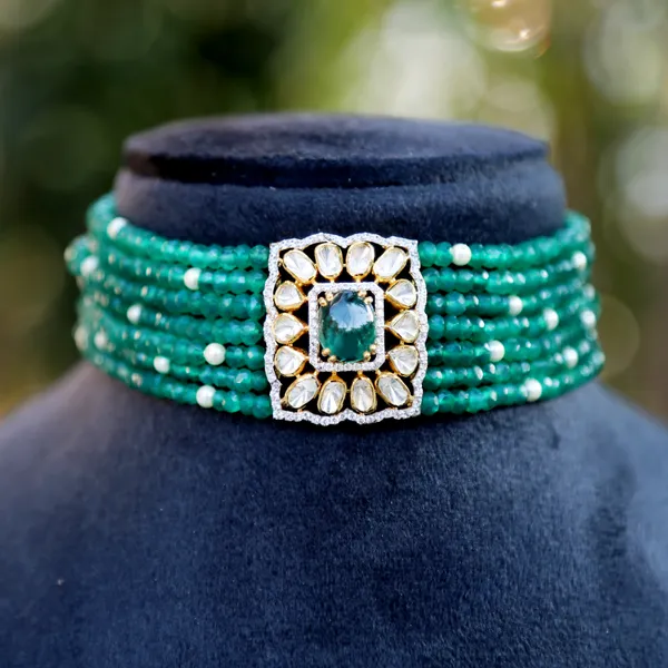 18K_Gold_Plated_925_Sterling_Silver_Emerald_Aura_Beaded_Choker_with_Earrings_for_Women