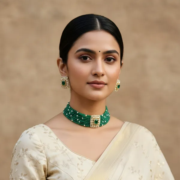 18K_Gold_Plated_925_Sterling_Silver_Emerald_Aura_Beaded_Choker_with_Earrings_for_Women