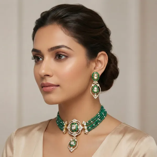 18K_Gold_Plated_925_Sterling_Silver_Luma_Emerald_Centre_Choker_Necklace_Set_with_Earrings_for_Women