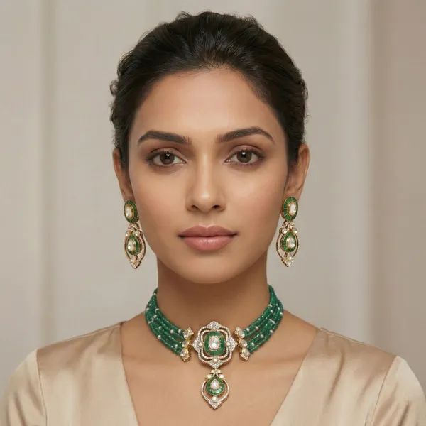 18K_Gold_Plated_925_Sterling_Silver_Luma_Emerald_Centre_Choker_Necklace_Set_with_Earrings_for_Women