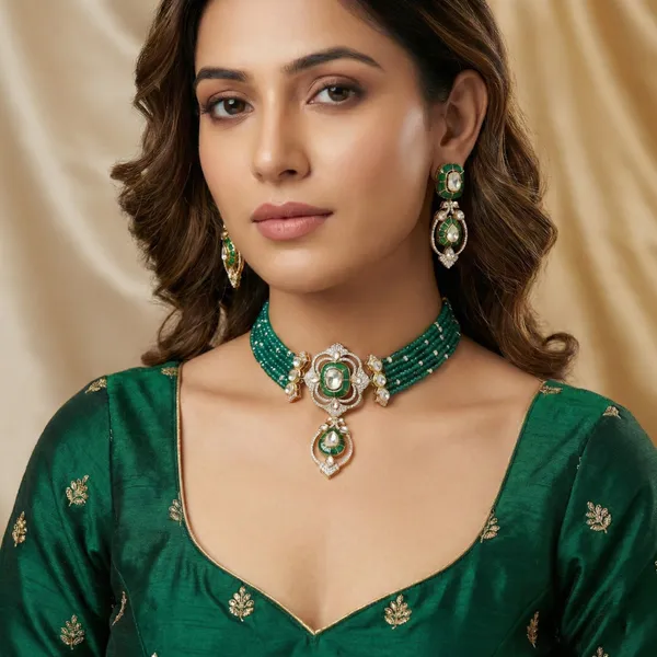 18K_Gold_Plated_925_Sterling_Silver_Luma_Emerald_Centre_Choker_Necklace_Set_with_Earrings_for_Women