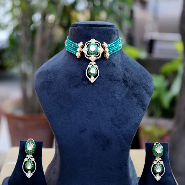 18K_Gold_Plated_925_Sterling_Silver_Luma_Emerald_Centre_Choker_Necklace_Set_with_Earrings_for_Women