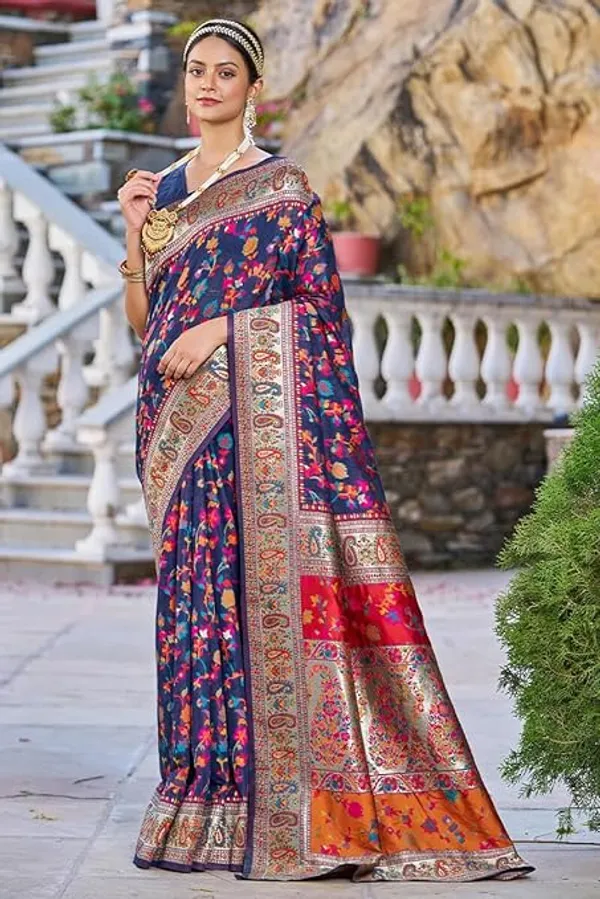 Rajwadi_Pashmina_Navy_Blue_Floral_Silk_Saree_banarasi_Silk_Saree