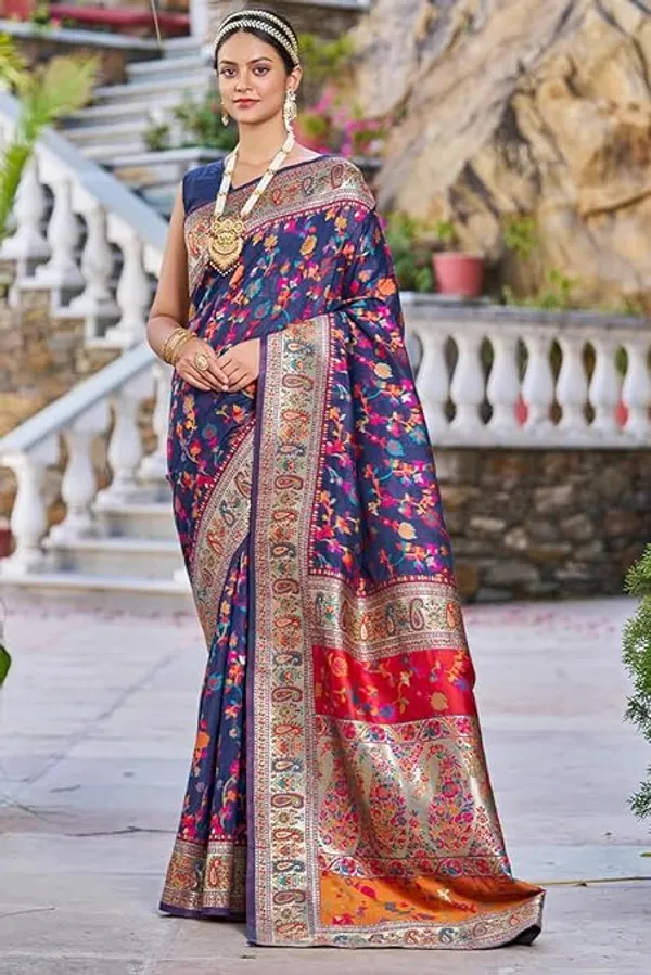 Rajwadi_Pashmina_Navy_Blue_Floral_Silk_Saree_banarasi_Silk_Saree