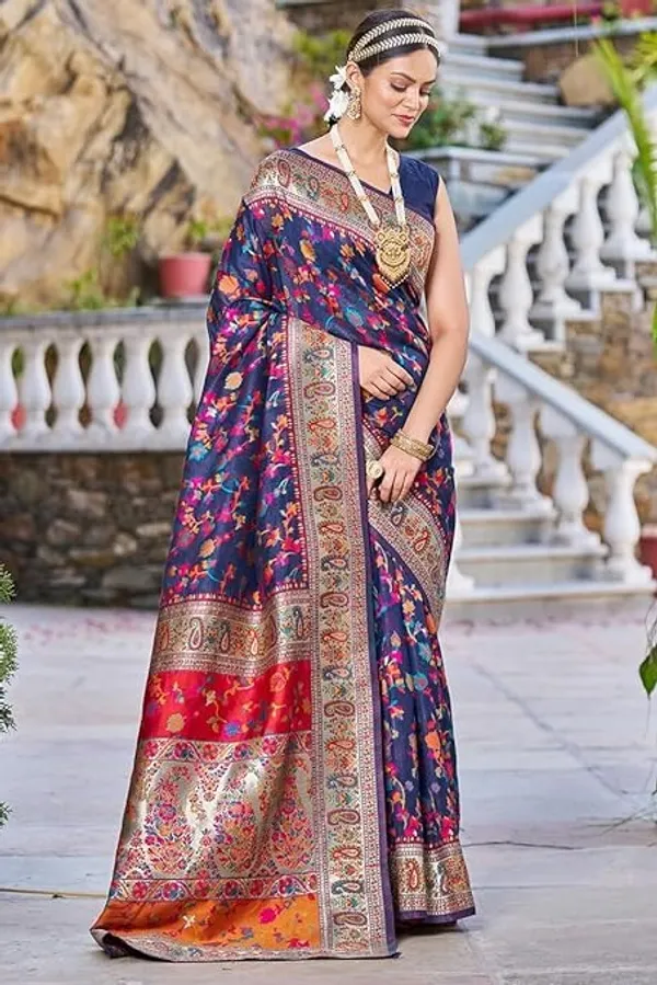 Rajwadi_Pashmina_Navy_Blue_Floral_Silk_Saree_banarasi_Silk_Saree