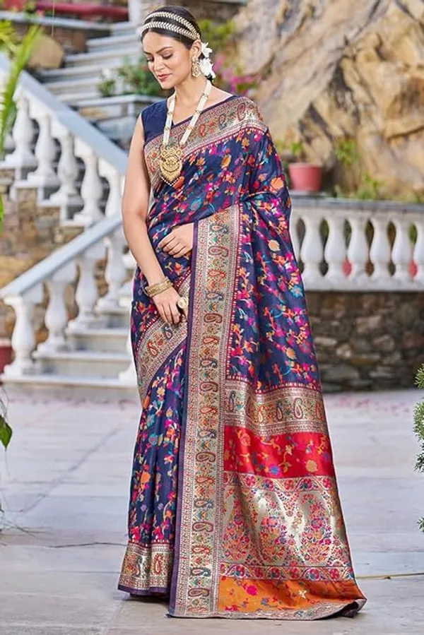 Rajwadi_Pashmina_Navy_Blue_Floral_Silk_Saree_banarasi_Silk_Saree