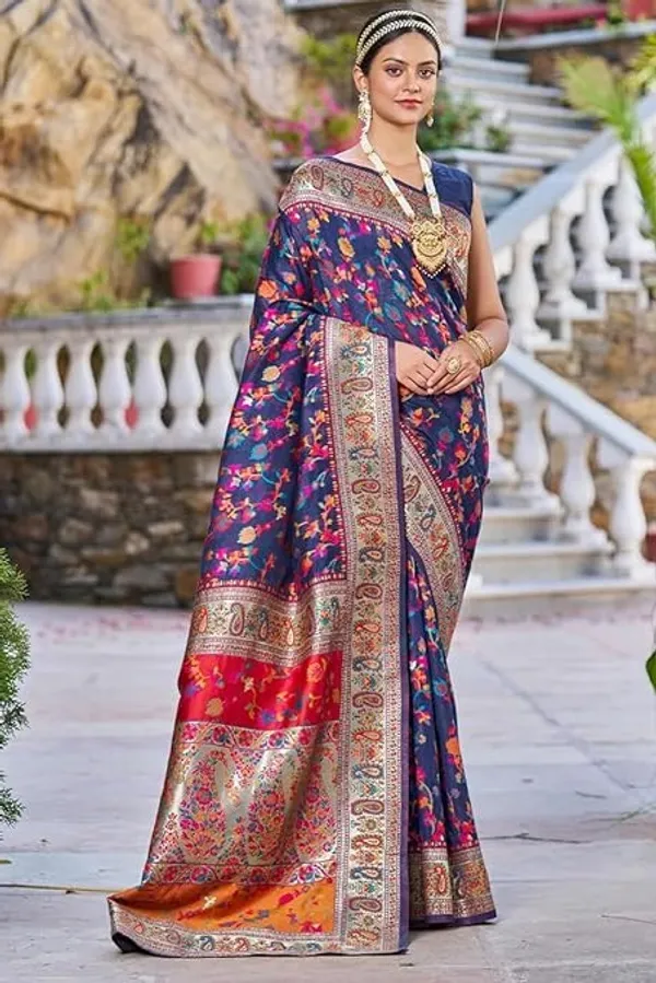 Rajwadi_Pashmina_Navy_Blue_Floral_Silk_Saree_banarasi_Silk_Saree