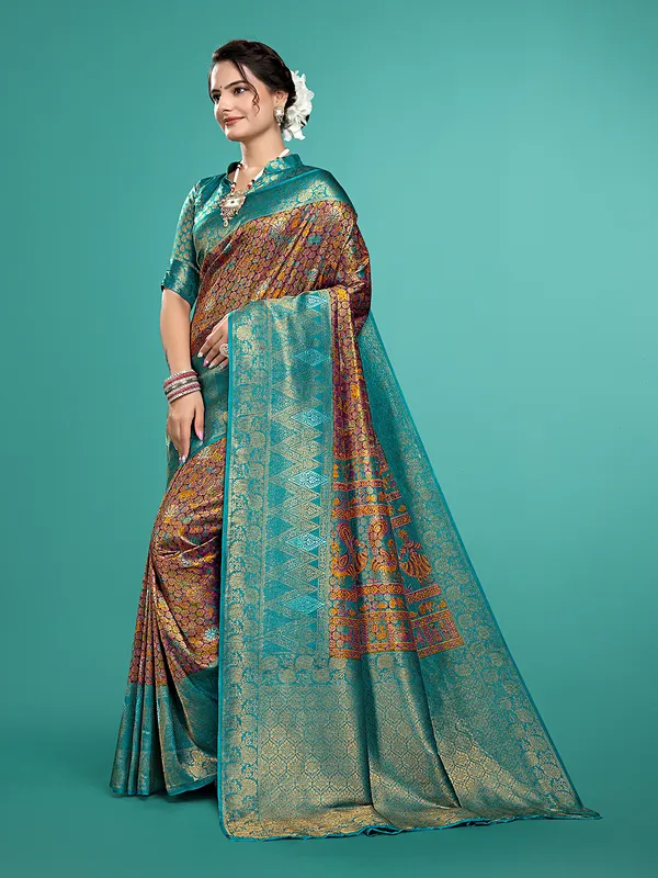 Premium_Nylon_Softy__Banarasi_Silk_Sarees_new_collection_for_wedding_Occasion_with_Gold_Tone_Zari_work_in_a_elegant_Firozi_Colour_||_Best_collection_of_Sarees_for_women_at_Lowest_Prices_with_Free_Shipping_||_COD_also_available