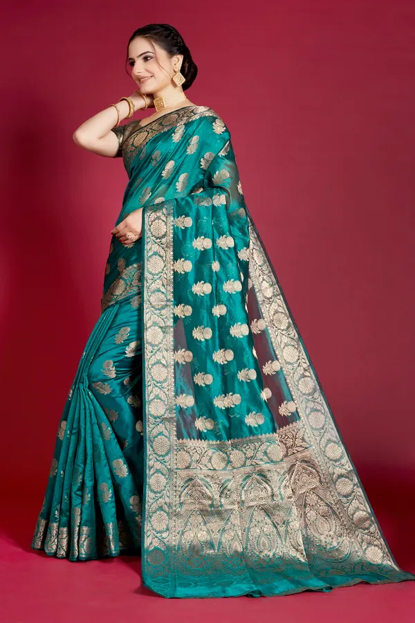 Peacock_Green_Organza_Saree_For_Women