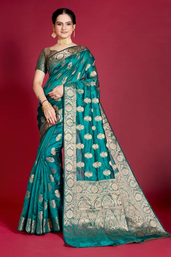 Peacock_Green_Organza_Saree_For_Women