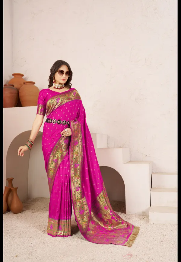 Bright_Pink__Paithani_Silk_Saree_with_Traditional_Woven_Peacock_&_Floral_Border