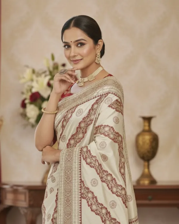Elegant_Ivory_&_Red_Traditional_Silk_Saree_with_Woven_Motifs