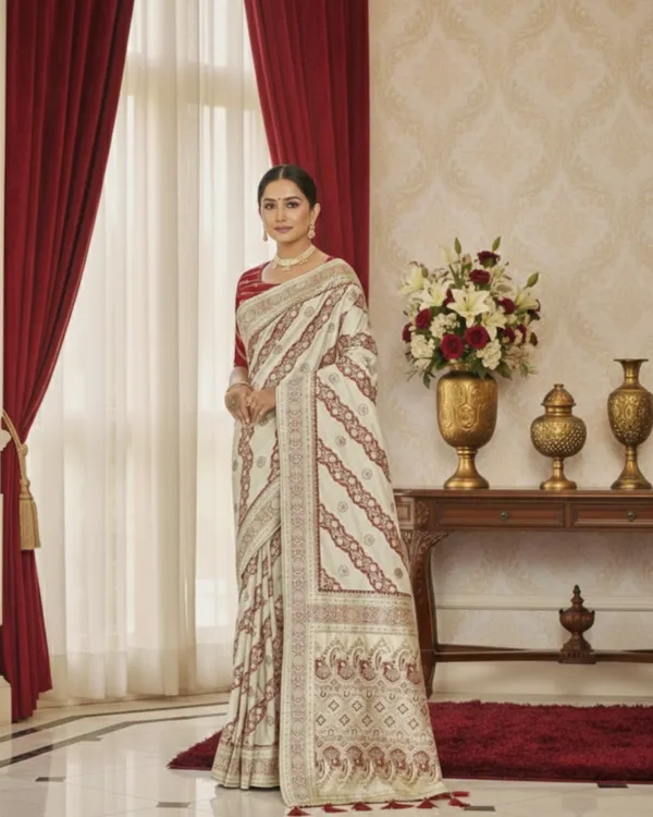 Elegant_Ivory_&_Red_Traditional_Silk_Saree_with_Woven_Motifs