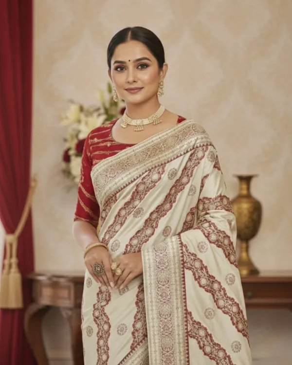 Elegant_Ivory_&_Red_Traditional_Silk_Saree_with_Woven_Motifs