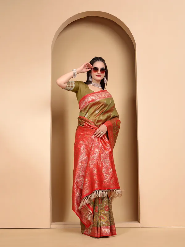 Heritage_Banarasi_Silk_Saree_in_Olive_Green_with_Rich_Red_Zari_Border