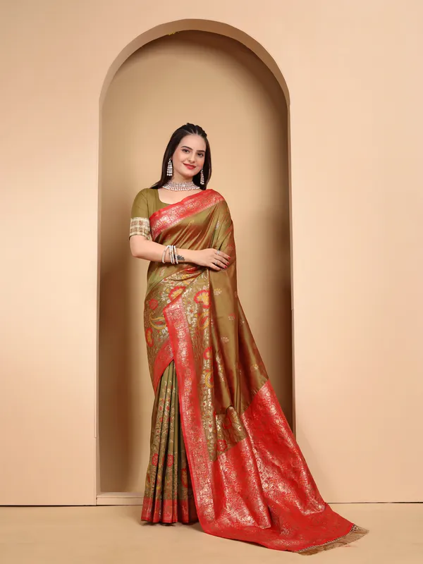 Heritage_Banarasi_Silk_Saree_in_Olive_Green_with_Rich_Red_Zari_Border