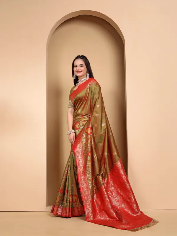 Heritage_Banarasi_Silk_Saree_in_Olive_Green_with_Rich_Red_Zari_Border