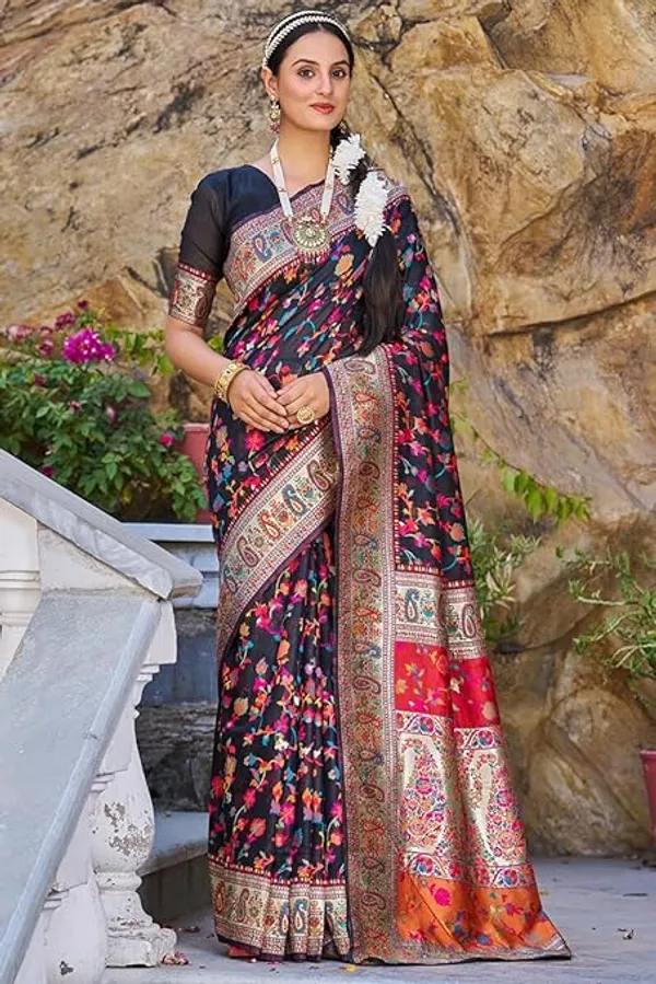 Rajwadi_Pashmina_Black_Floral_Silk_Saree_banarasi_Silk_Saree