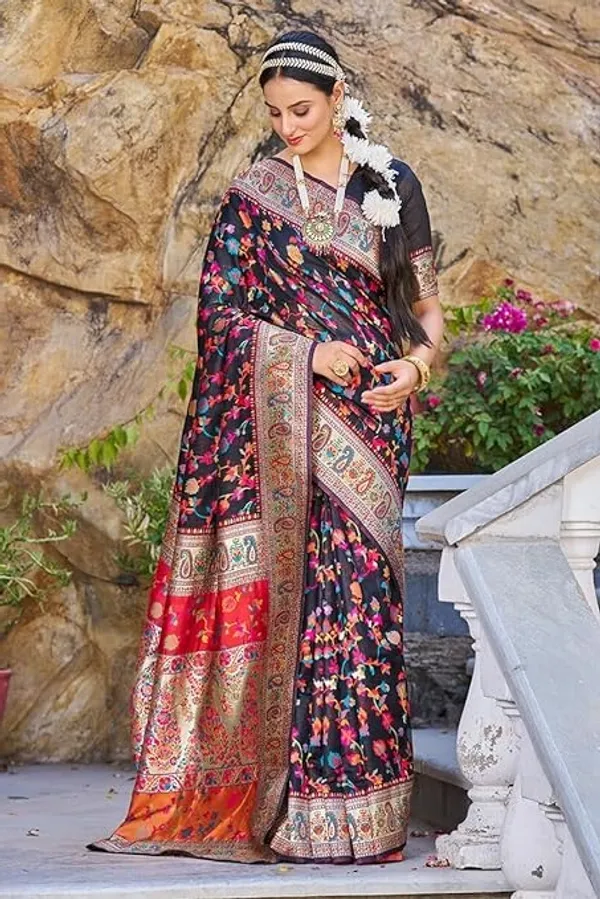 Rajwadi_Pashmina_Black_Floral_Silk_Saree_banarasi_Silk_Saree