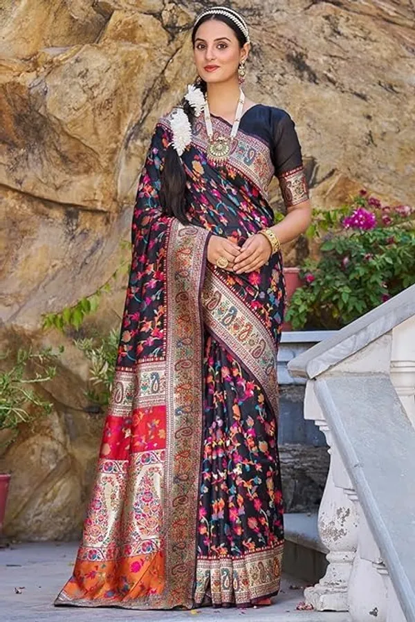Rajwadi_Pashmina_Black_Floral_Silk_Saree_banarasi_Silk_Saree