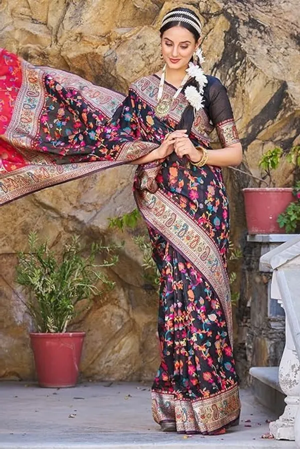 Rajwadi_Pashmina_Black_Floral_Silk_Saree_banarasi_Silk_Saree