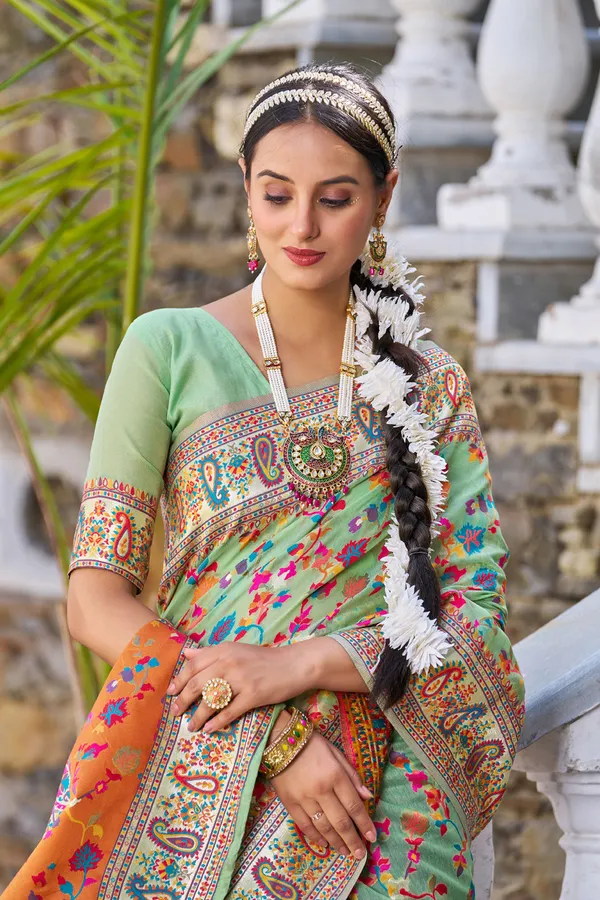 Rajwadi_Pashmina_Green_Floral_Silk_Saree_banarasi_Silk_Saree