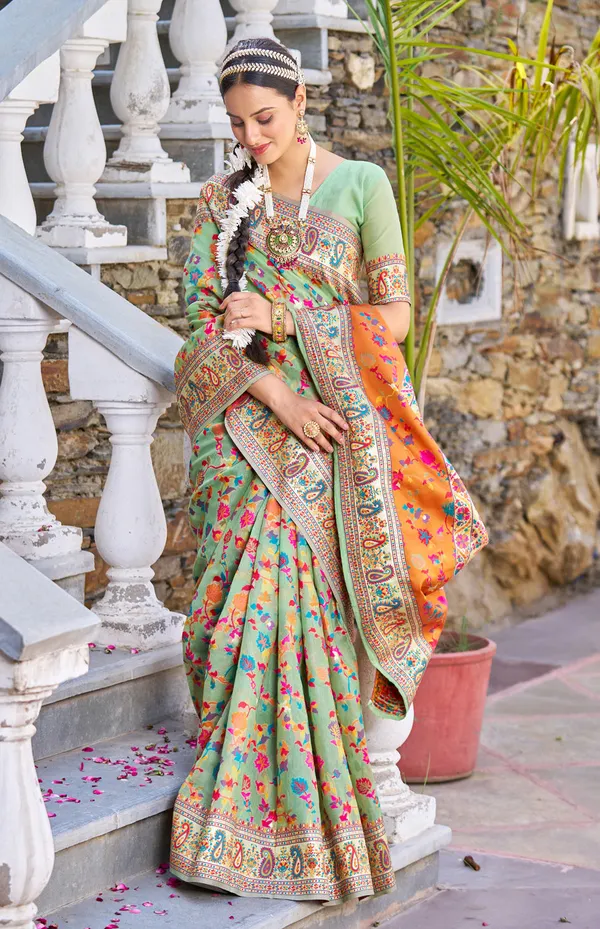 Rajwadi_Pashmina_Green_Floral_Silk_Saree_banarasi_Silk_Saree
