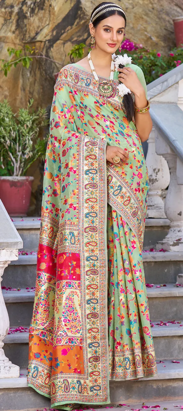 Rajwadi_Pashmina_Green_Floral_Silk_Saree_banarasi_Silk_Saree