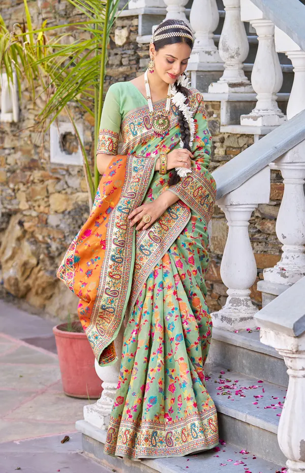 Rajwadi_Pashmina_Green_Floral_Silk_Saree_banarasi_Silk_Saree
