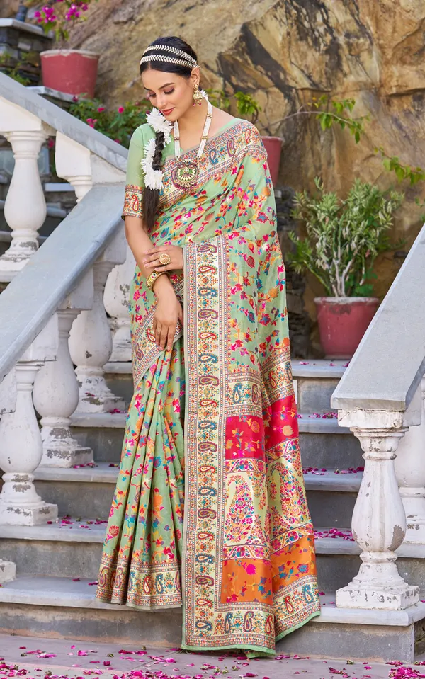 Rajwadi_Pashmina_Green_Floral_Silk_Saree_banarasi_Silk_Saree