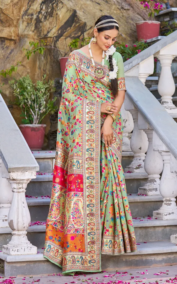 Rajwadi_Pashmina_Green_Floral_Silk_Saree_banarasi_Silk_Saree