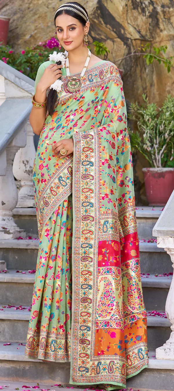 Rajwadi_Pashmina_Green_Floral_Silk_Saree_banarasi_Silk_Saree