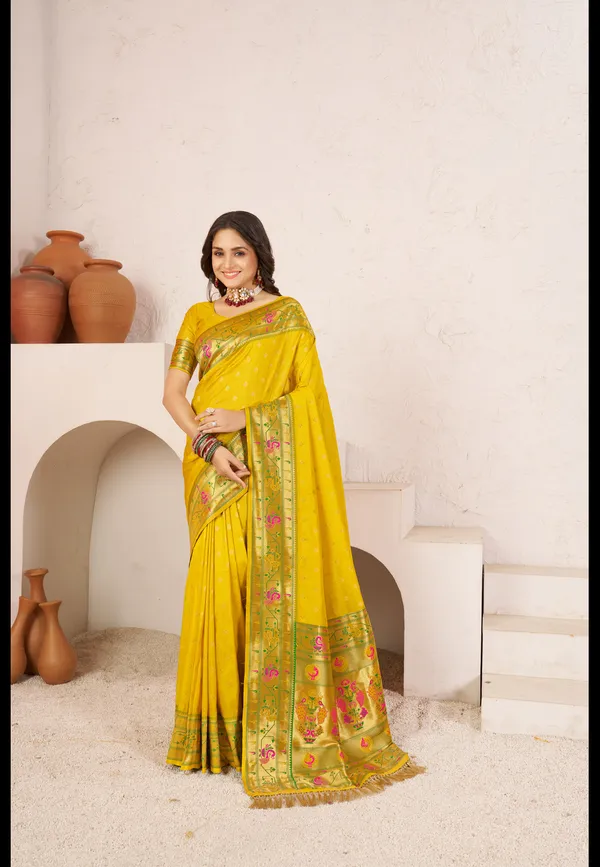 Traditional_Yellow_Paithani_Silk_Saree_with_Woven_Floral_Border_&_Pallu